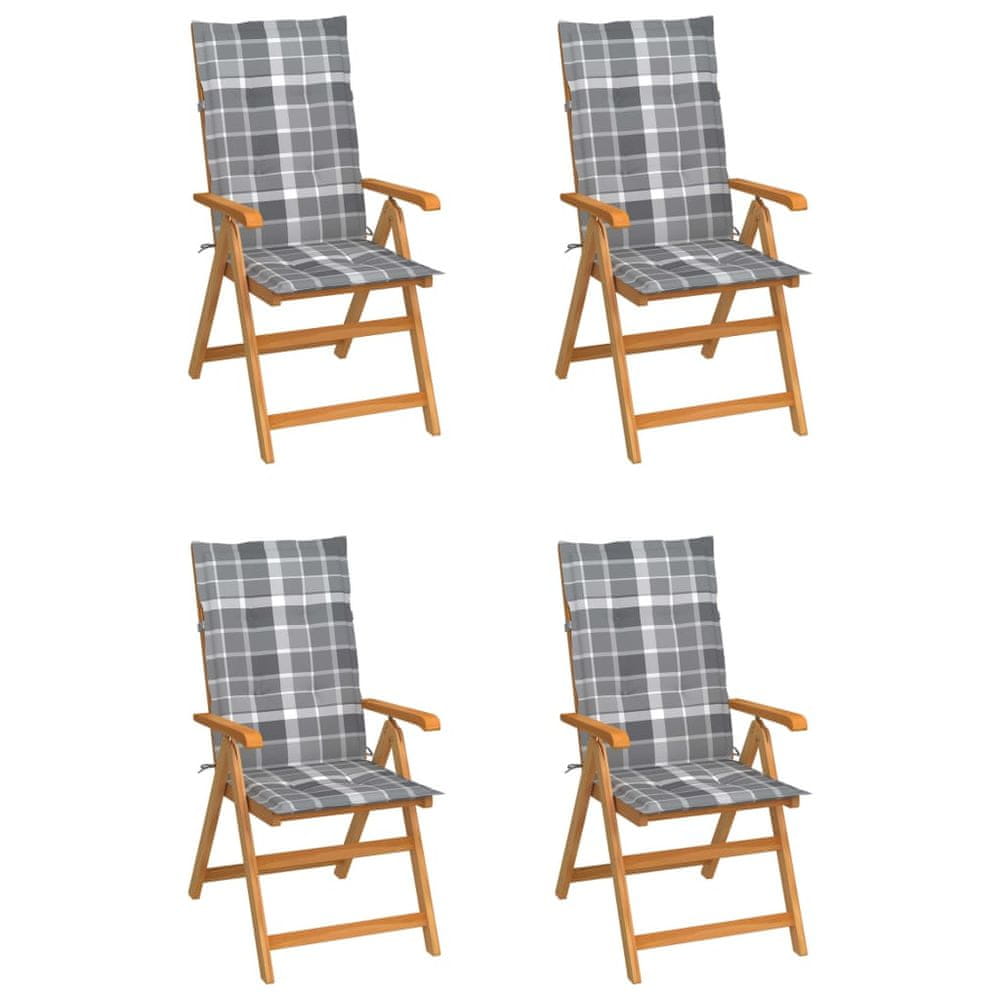 Vidaxl Záhradné stoličky 4 ks, sivé kockované podložky, tíkový masív